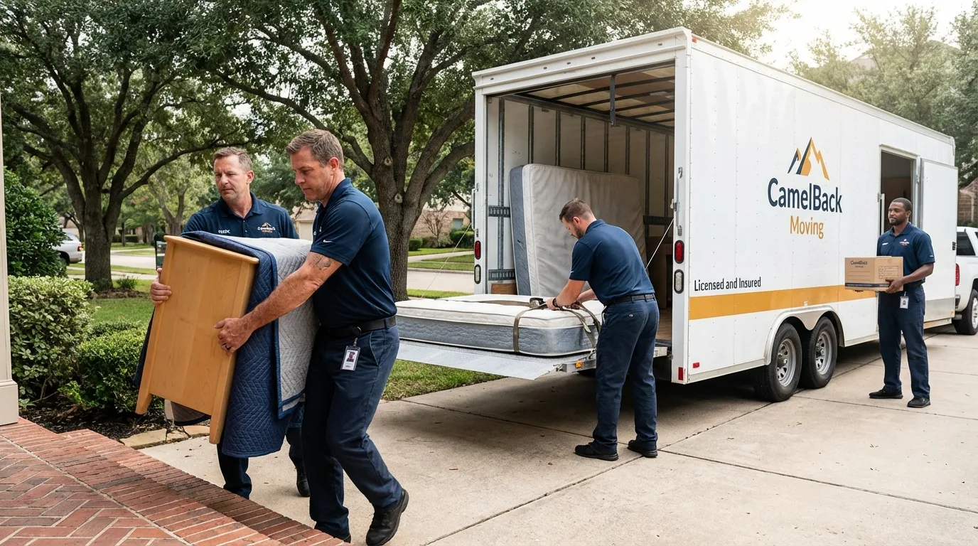 Crew loading residential truck for cross-state move from Trenton, NE
