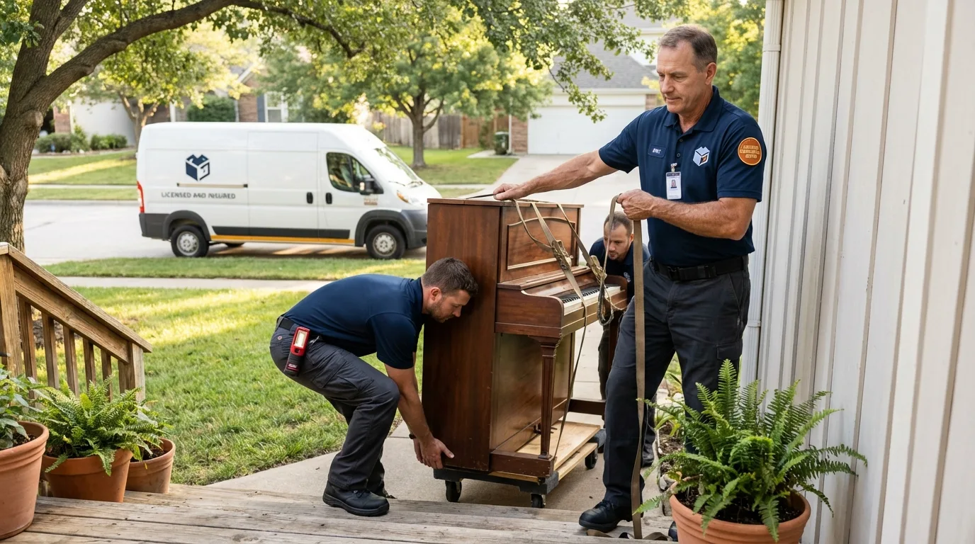 Licensed piano movers securing grand piano in Trenton, NE