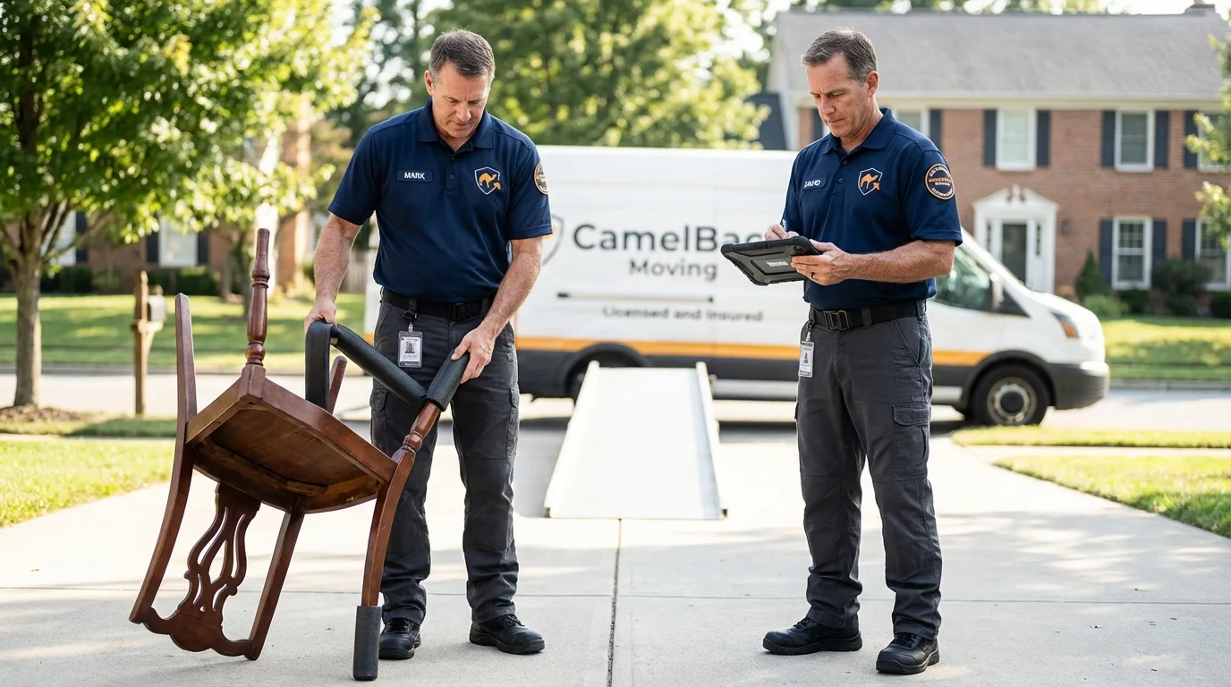 Movers inspecting furniture for damage prevention before loading in Trenton, NE