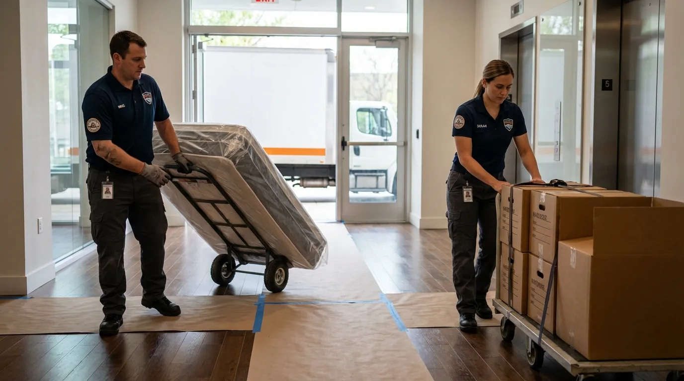 Professional apartment movers loading elevator in Trenton, NE